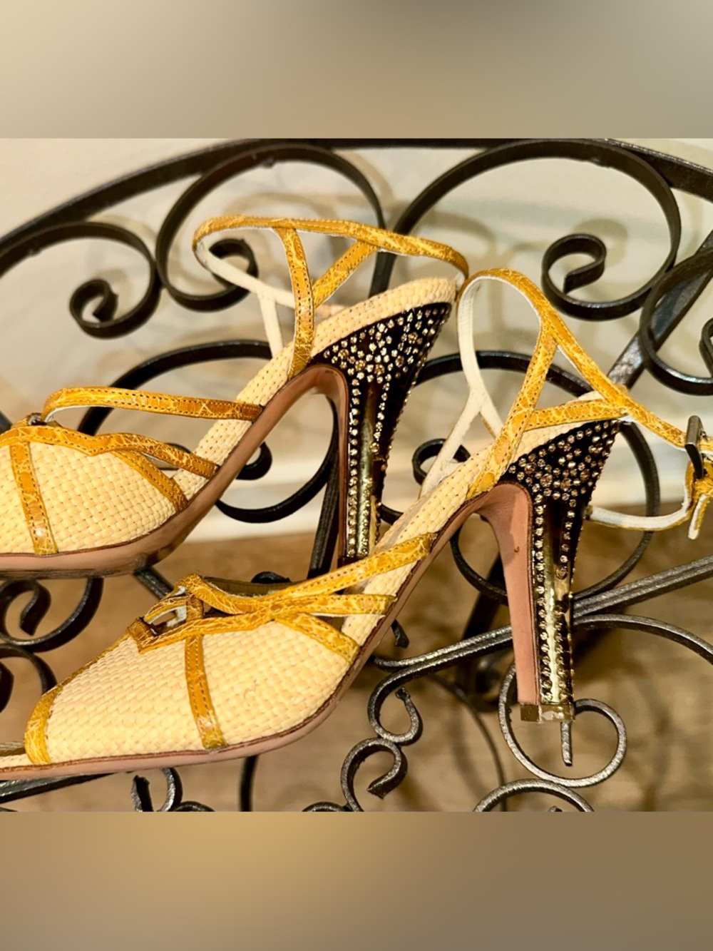 Prada genuine crocodile raffia Swarovski crystal 37.5 7 7.5 high Heel Sandals - Picture 8 of 8